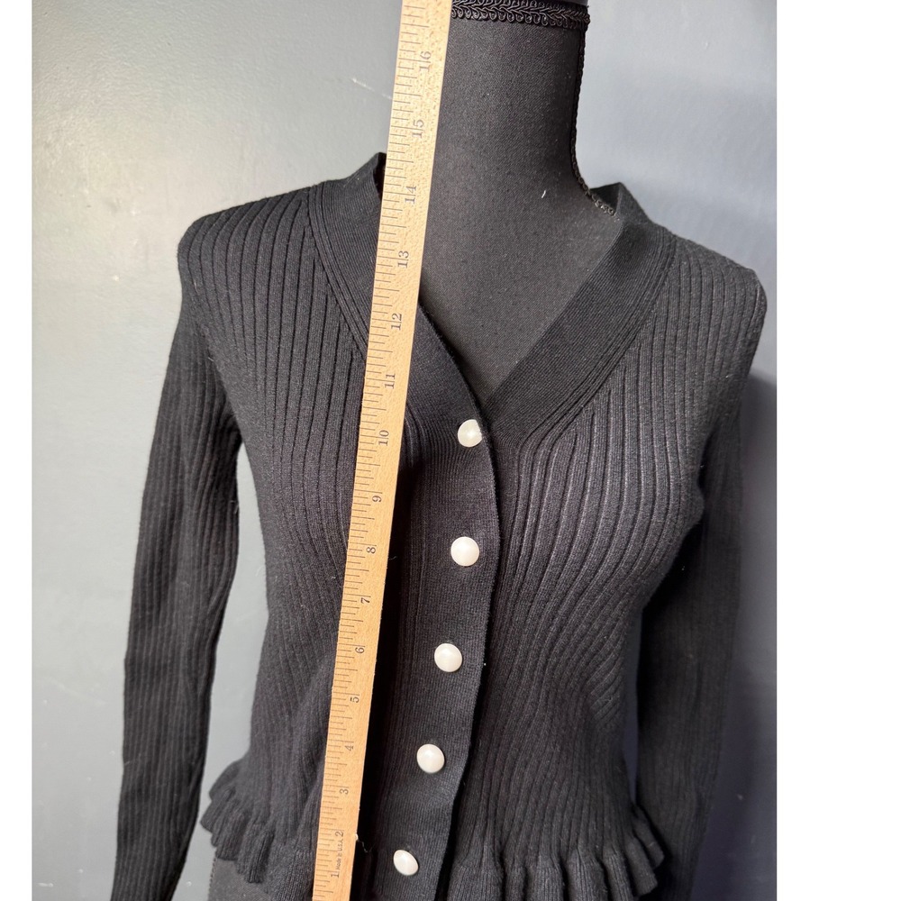 Commense Black Ribbed Peplum‎ Cardigan Ruffle Cuff Button Front V-Neck Large - Picture 8 of 8